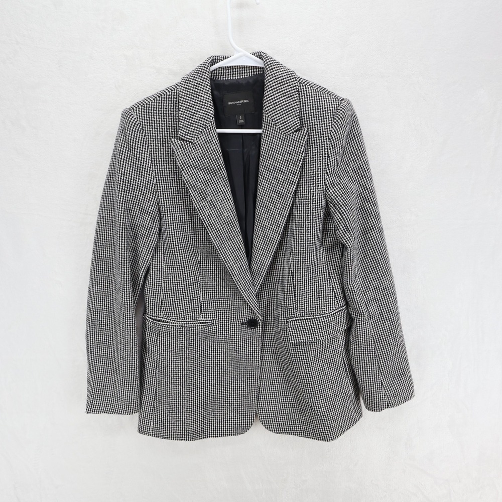 Banana Republic Houndstooth Blazer Black White Wool Blend Size 2 531499-00